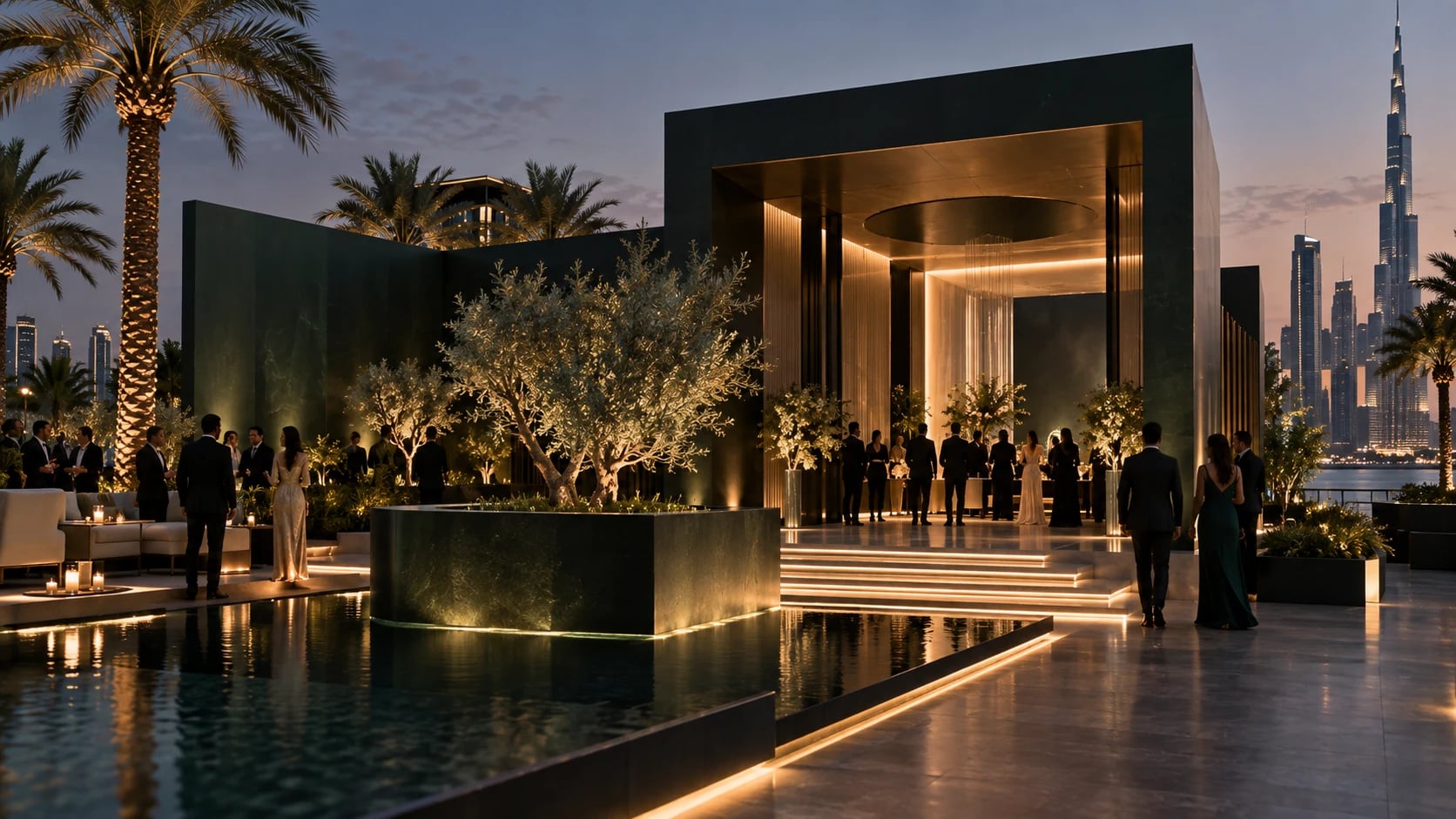Evening brand activation at an outdoor pavilion with olive trees and warm lighting, produced by Gala Pro Events in the UAE