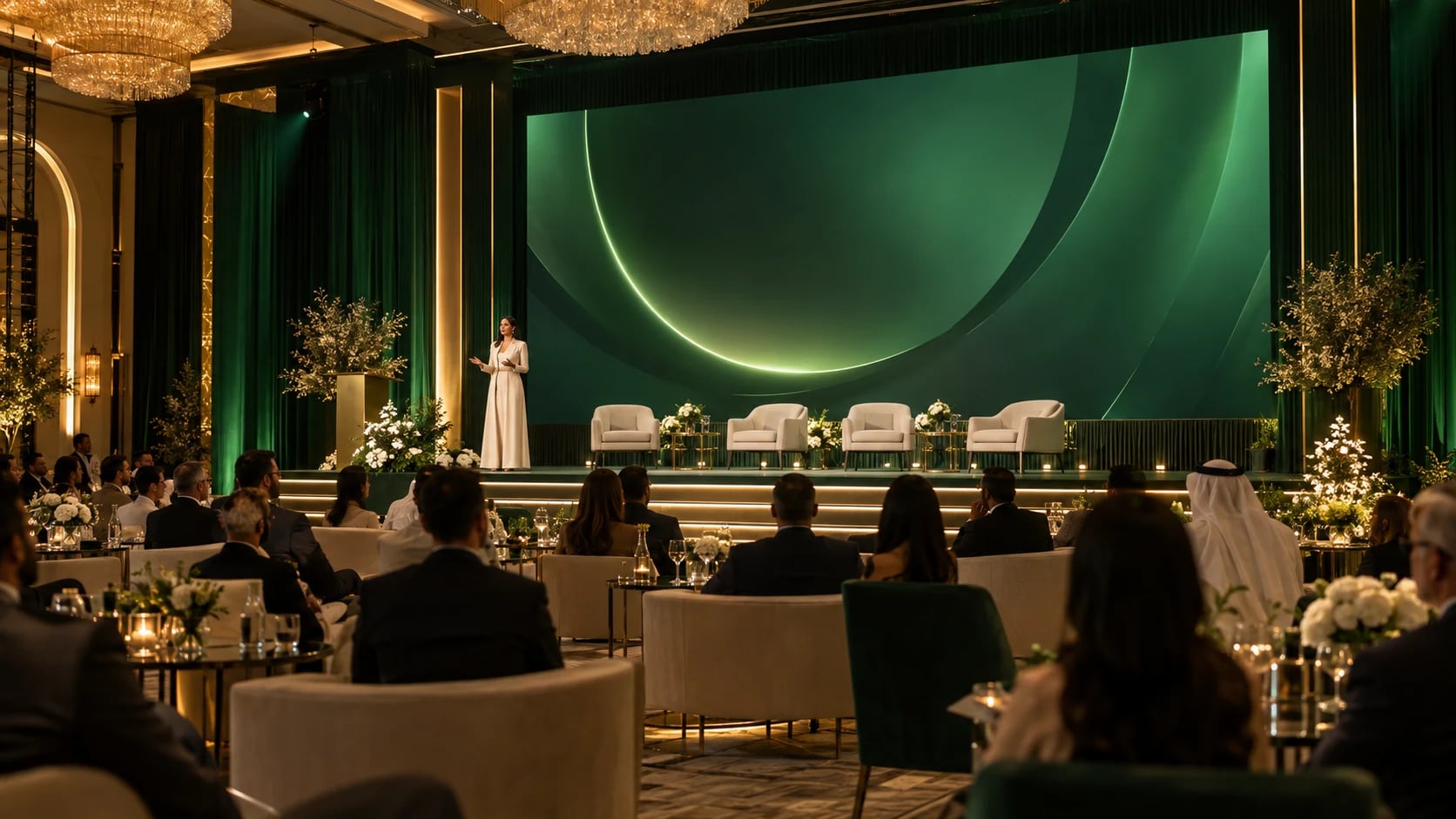 Corporate conference stage in Dubai with a curved green backdrop and lounge seating, produced by Gala Pro Events