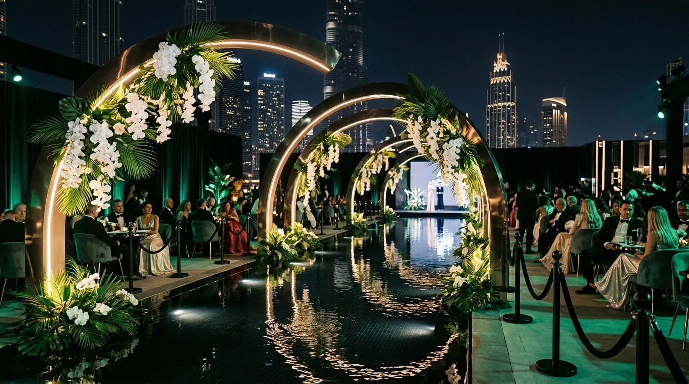 Illuminated floral arches and event lighting at a Dubai waterfront venue, designed by Gala Pro Events